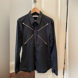 Givenchy Black Button Down shirt with functioning silver zipper detail.